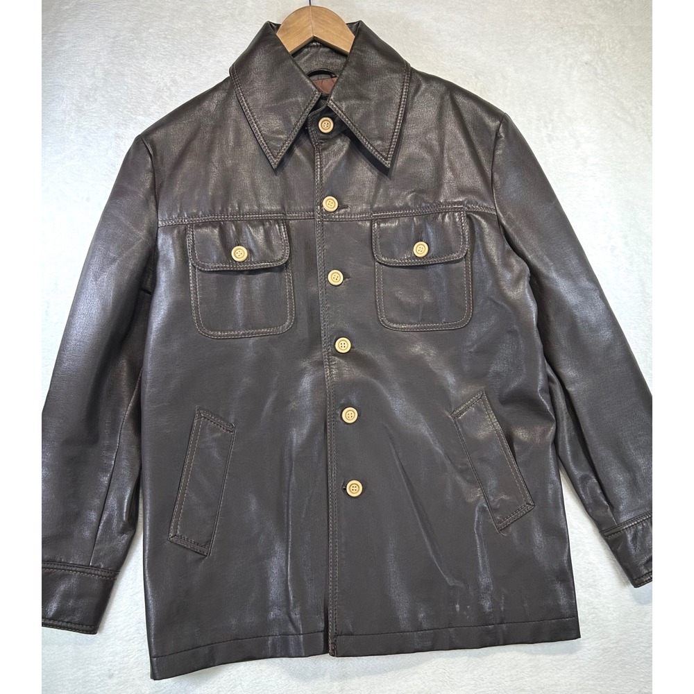 Vtg 70s William Barry Faux Leather Chore Coat 40 Men Retro Brown Vinyl Jacket